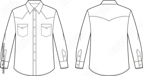 Men western shirt cad drawing, front and back view flat vector illustration with chest pockets detailed fashion template