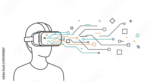 A person experiencing virtual reality technology with futuristic circuit boards and symbols surrounding their head