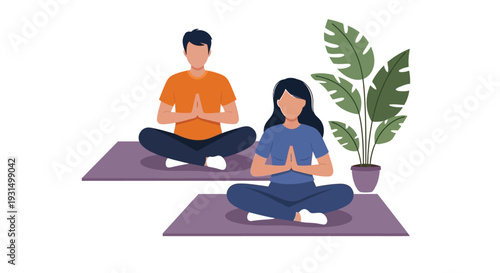 Modern Flat Illustration of Young Man and Woman Practicing Yoga Meditation at Home