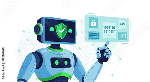 Robot displaying digital shield with checkmark and binary code on screen, illustrating technology and security concepts.