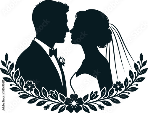 Wedding romance illustration of bride and groom in elegant silhouette with floral wreath on white background
