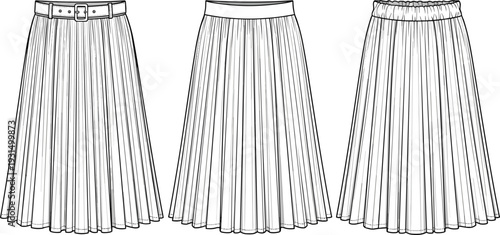 Set of female pleated midi skirt fashion technical drawing vector templates with belted waist, elastic waistband, and high waisted design for tech packs.