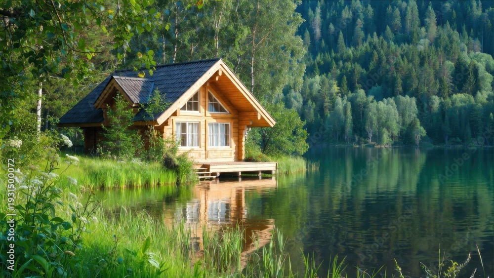Obraz premium Wooden cabin sitting on lake shore with forest reflection.