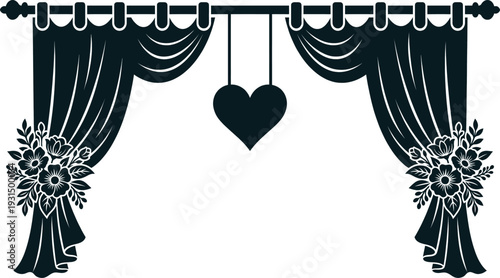 Romantic Valentine's Day curtain with heart decoration on elegant white background