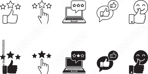 Set of thumbs up and rating icons for positive feedback and approval