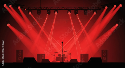 Empty concert stage with red spotlights and musical instruments.