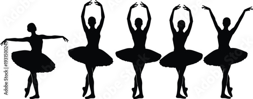 Silhouette of a group of five ballerinas in tutus performing various classical dance poses and positions against a white background