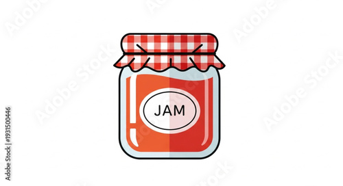 Jar of delicious red jam with checkered lid and label.