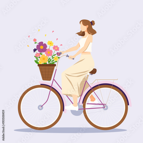 A cheerful flat design illustration of a young woman riding a vintage bicycle with a wicker basket full of colorful spring flowers. Petals float in the air as she rides gracefully in a cream outfit ag