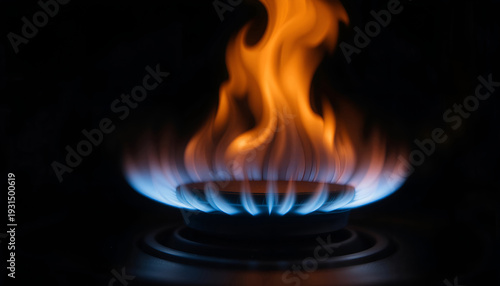 Blue and orange flames burning brightly from a gas stove burner against a dark background, showcasing the vibrant colors and movement of the fire