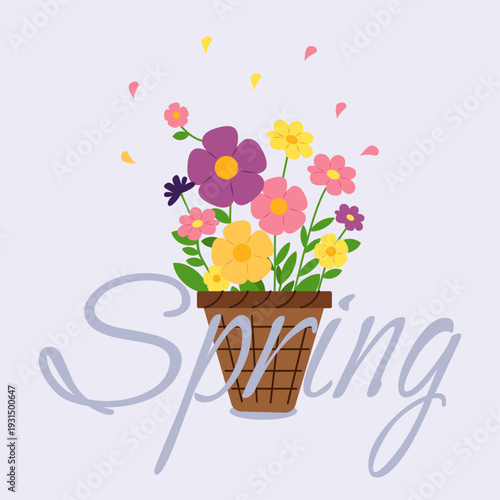 A vibrant flat design illustration featuring a wicker flower pot bursting with colorful spring blooms — purple, pink, and yellow flowers with green leaves and floating petals — accompanied by an elega