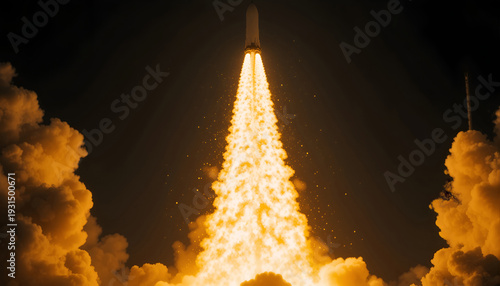 Rocket launch with powerful flames and smoke billowing from the engines against a dark sky, showcasing the moment of liftoff into space