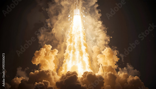 Rocket launch with bright flames and smoke billowing from the engines against a dark sky, showcasing powerful propulsion and dynamic movement during liftoff