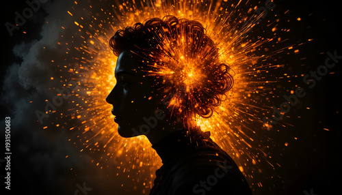 Silhouette of a woman with curly hair against a vibrant explosion of light and sparks, creating a dramatic visual effect in a dark environment