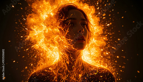 Female figure with flowing hair surrounded by vibrant orange and yellow flames, creating a dramatic visual effect against a dark background
