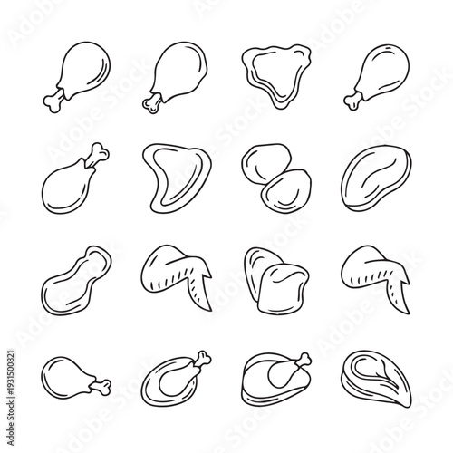 Chicken Cuts Icons Set Vector Line Drawing Food Ingredients Flat Design
