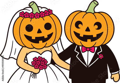 Halloween wedding couple, pumpkin bride and groom in formal attire with pink flowers on white background