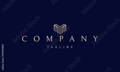 A vector golden logo featuring an abstract image a modern architectural structure shaped like the letter M, symbolizing innovation and stability.