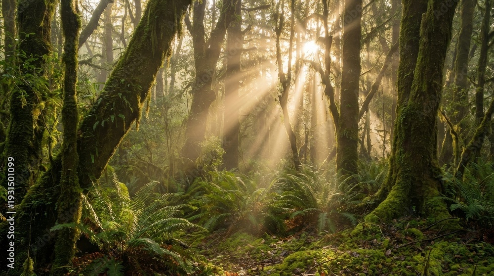 Fototapeta premium Sunbeams illuminate a dense, misty forest canopy