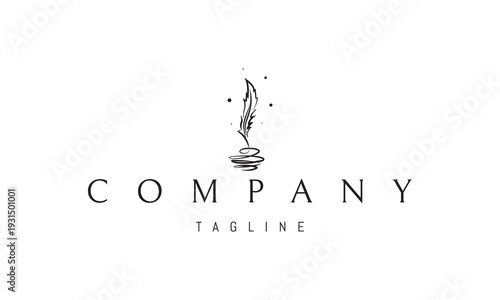 A vector logo featuring an abstract image an ink pen in an inkwell, symbolizing creativity, writing, knowledge, and timeless expression.