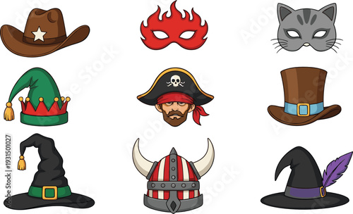 Fantasy and Carnival Costume Hats and Masks Collection Including Pirate Viking Witch Cowboy and Cat Vector Illustration Set