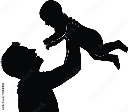 Silhouette of a happy father lifting his baby in the air, celebrating fatherhood and family love on a white background