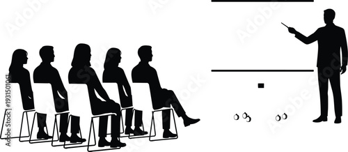 Silhouette of a male business presenter pointing at a blank whiteboard while speaking to a group of seated professional colleagues