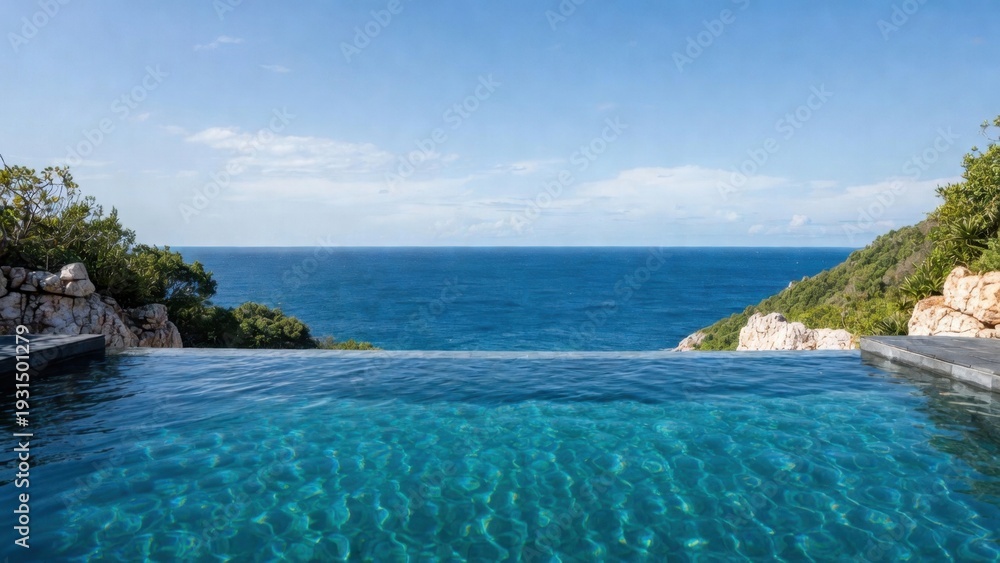 Naklejka premium Infinity pool overlooking rocky coastline with green vegetation.