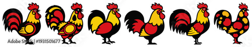 Set of six colorful roosters with traditional polish lowicz floral embroidery patterns
