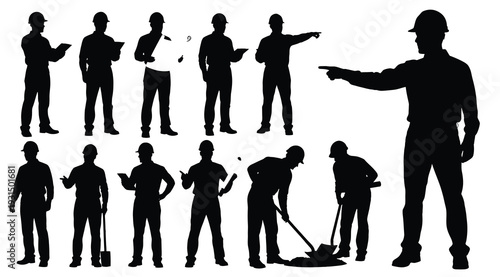 Silhouettes of various workers in different poses and actions on white background