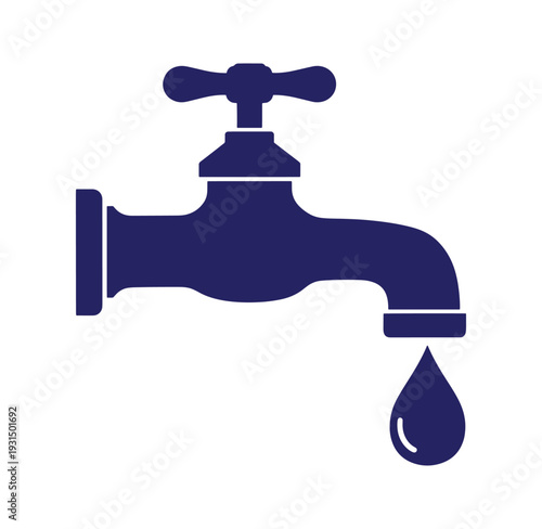 Simple dark blue faucet with a single drop of water falling from the spout