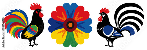 Traditional polish folk art composition with roosters and a large colorful floral mandala