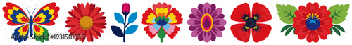 Horizontal row of vibrant floral motifs and butterfly patterns in polish folk art style