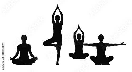 Silhouetted collection of four different female yoga poses demonstrating various asanas for balance flexibility and mindful meditation practice isolated on white