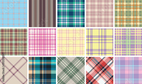 Plaid pattern pack tailored for modern women's casual fashion. Vector designs enhance skirts, blouses, shirts, and lightweight jackets.