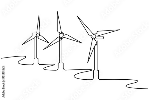 Wind turbine farm continuous one line drawing clean minimalist outline vector illustration for green energy concept isolated on white background.Wind turbine generator continuous one line drawing .