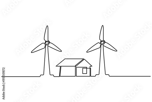 Wind turbine farm continuous one line drawing clean minimalist outline vector illustration for green energy concept isolated on white background.Wind turbine generator continuous one line drawing .