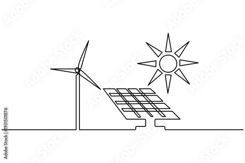 Wind turbine and solar panel continuous one line drawing renewable energy minimalist outline vector.Wind turbine with sun continuous one line drawing sustainable energy.