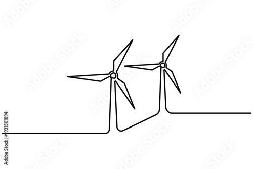Wind turbine farm continuous one line drawing clean minimalist outline vector illustration for green energy concept isolated on white background.Wind turbine generator continuous one line drawing .