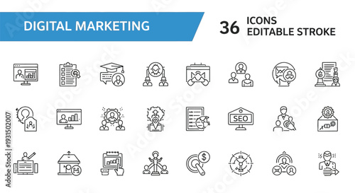 Digital Marketing Editable Stroke Icons Set – SEO, Analytics, Online Advertising and Social Media Line Icon Collection
