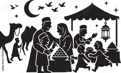 Pakistani Eid market bustle silhouette vendors sweets camels