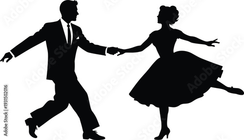 Silhouette of a vintage couple dancing swing or rock and roll, man in suit and woman in 1950s style dress