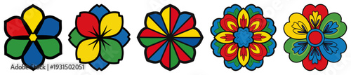 Collection of five different colorful flower icons inspired by traditional Polish folk art embroidery
