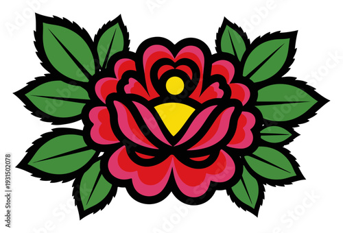 Large red rose flower with green leaves in authentic Polish folk art wycinanki style