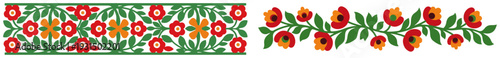 Two horizontal floral borders with red flowers and green leaves in polish folk style