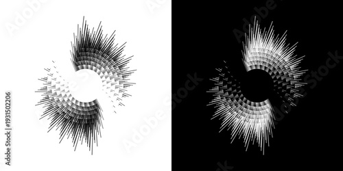 Dynamic abstract spiral sound wave rhythm lines. Circular spiral sound wave rhythm of lines. Circular futuristic abstract lines, black and white background.	