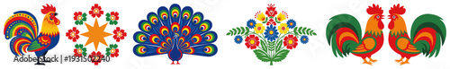 Horizontal set of polish folk motifs featuring roosters peacock and colorful floral bouquets