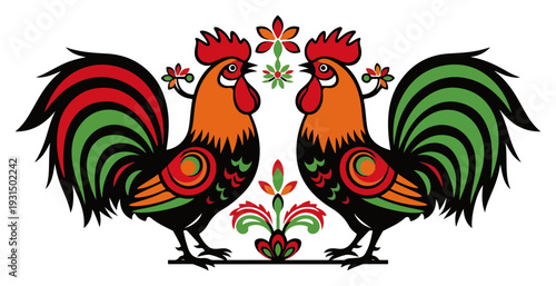 Symmetrical composition of two colorful roosters with traditional polish folk floral ornaments