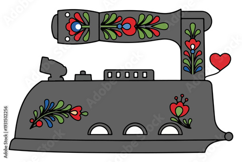 Vintage antique charcoal iron decorated with traditional colorful polish folk floral patterns