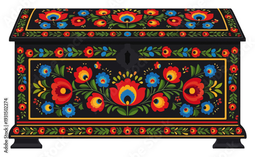 Traditional black Polish folk dowry chest with colorful floral ornaments in Lowicz style